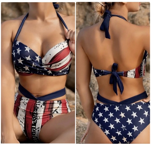 American Flag Stars Stripes Push Up Halter High Waist Bikini Set - Picture 1 of 7
